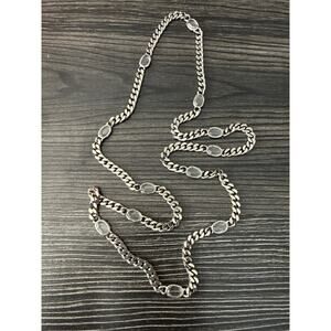Silver Cuban Chain Oval Clear Gemstone XL Chain Necklace